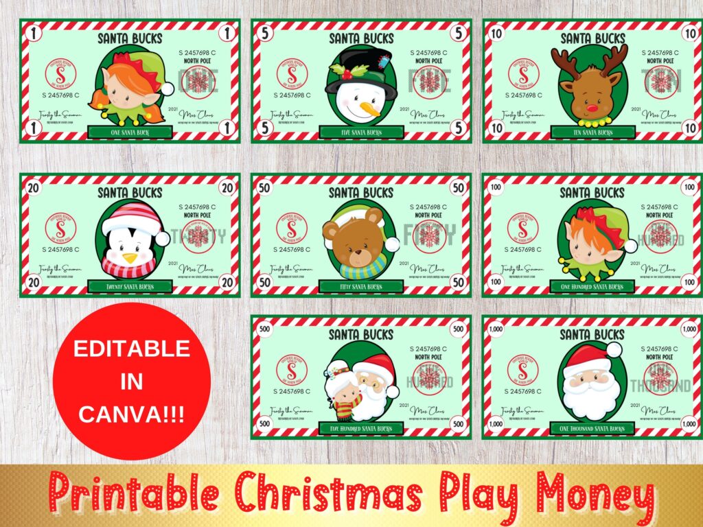 Editable Christmas Printable Play Money Santa Bucks Fake Etsy de
