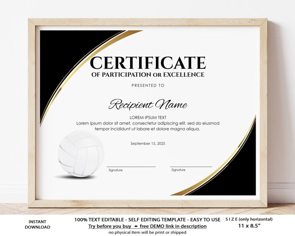 EDITABLE Volleyball Award Certificate Template Printable Etsy de