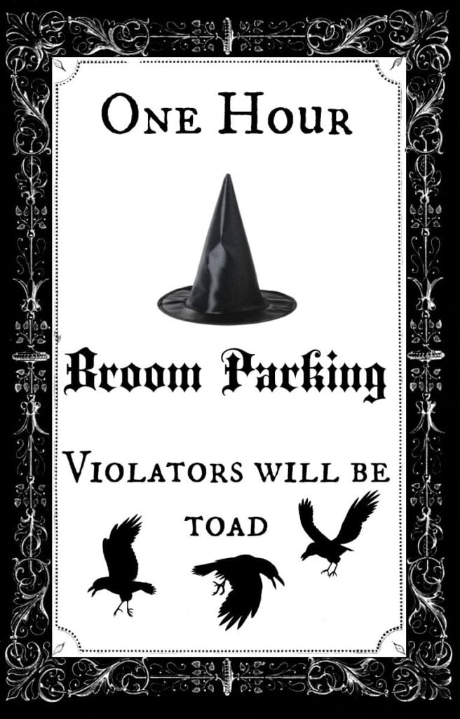 Free Printable Broom Parking Halloween Decor Witch Halloween Brooms Halloween Funny Black Cat Halloween