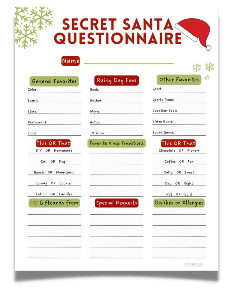 FREE Secret Santa Questionnaire Printable Templates Love Our Real Life
