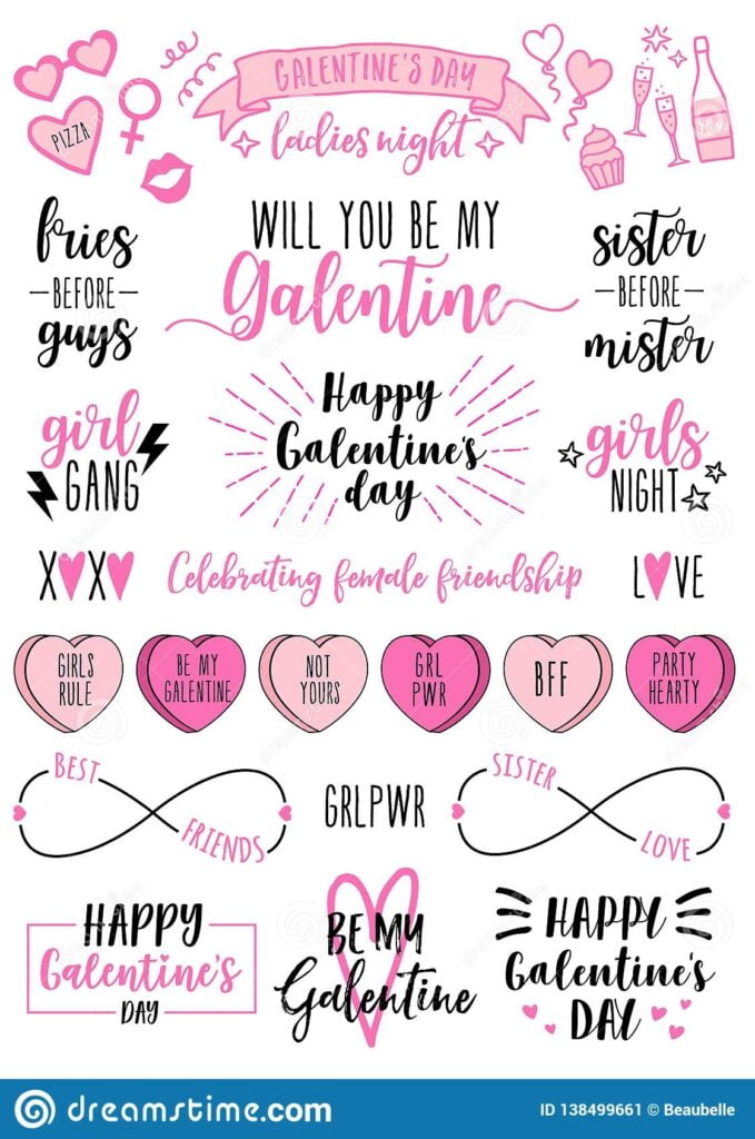 Galentines Day Cards Women s Day Feminist Doodles Vector Design Elements Stock Vector Illustration Of Heart Confetti 138499661