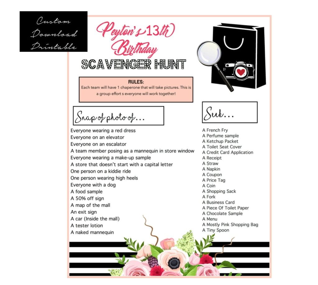 Mall Scavenger Hunt Game instant Download 13th Birthday Etsy