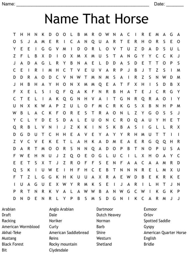 Name That Horse Word Search WordMint