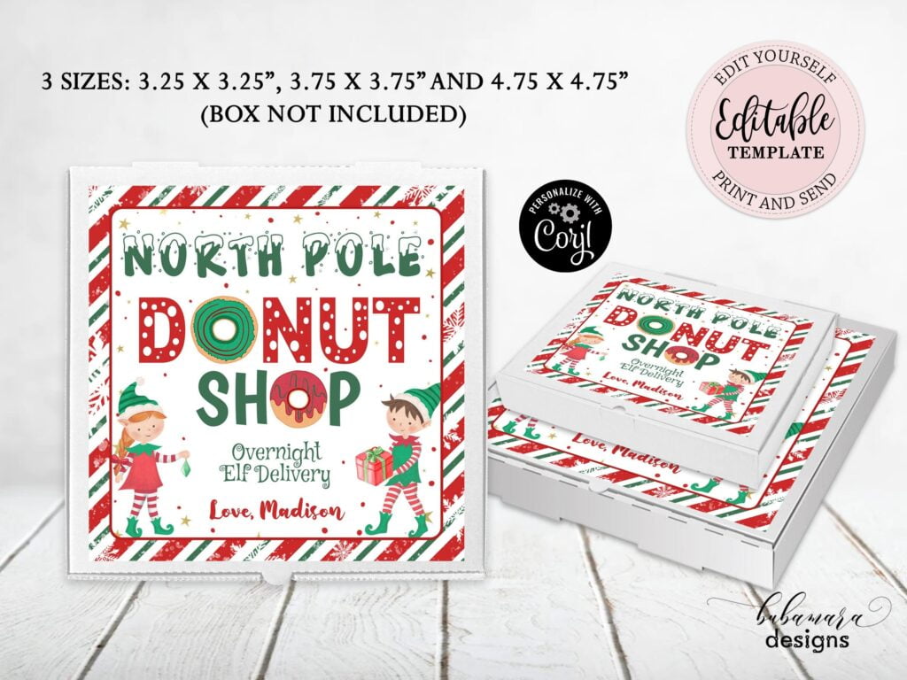 North Pole Donut Shop Mini Pizza Box Label Overnight Elf Etsy sterreich