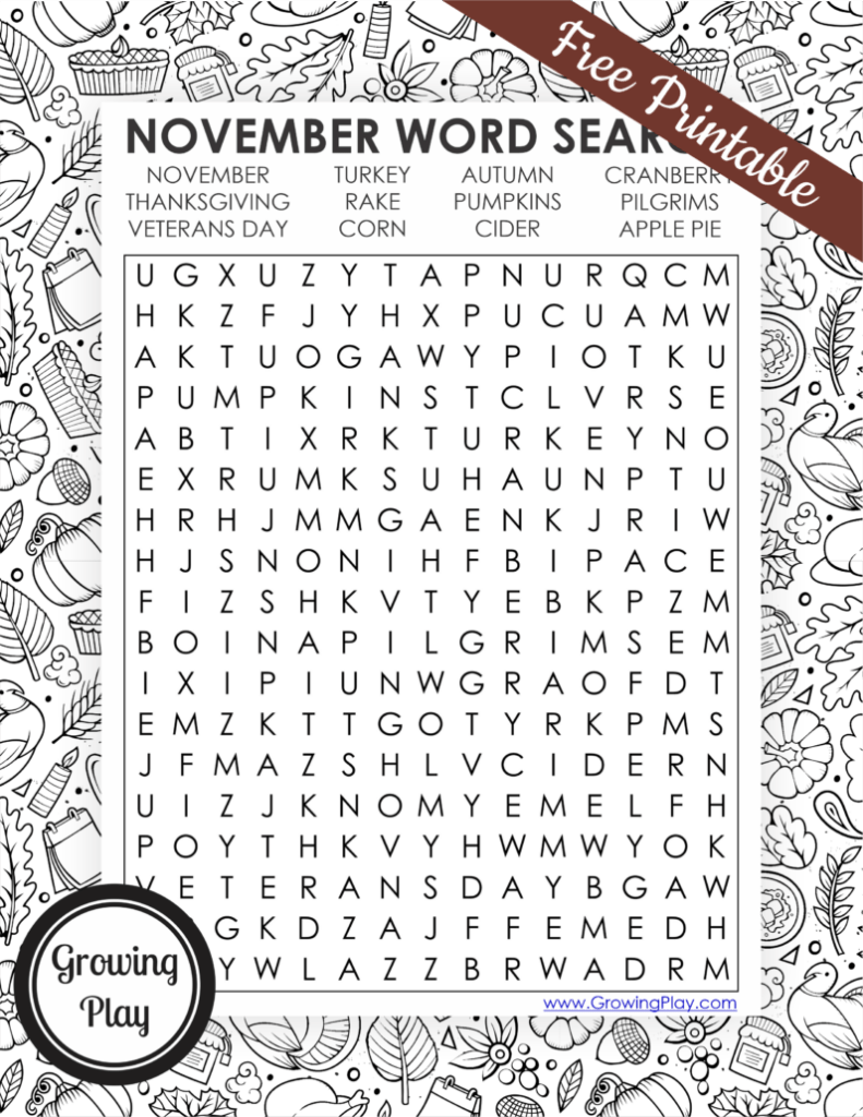 November Word Search Free Printable Growing Play