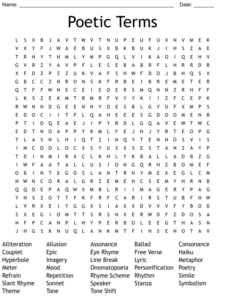 Poetic Terms Word Search WordMint