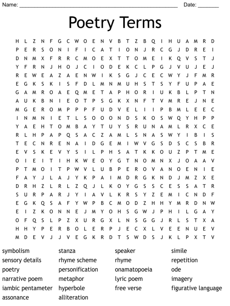 Poetry Terms Word Search WordMint