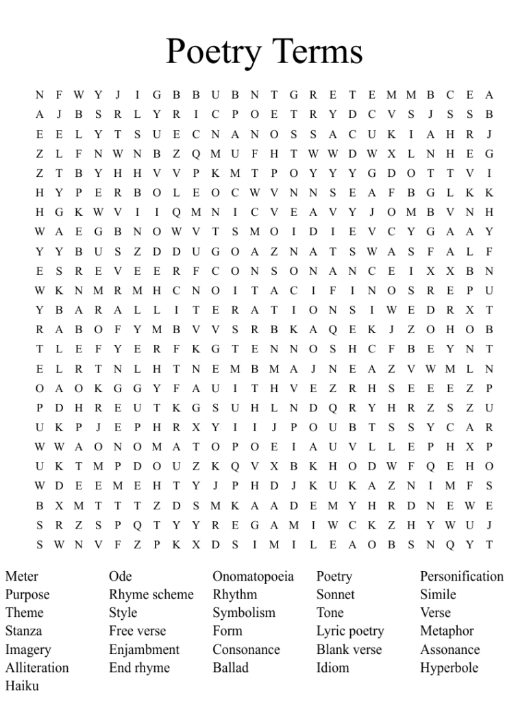 Poetry Terms Word Search WordMint