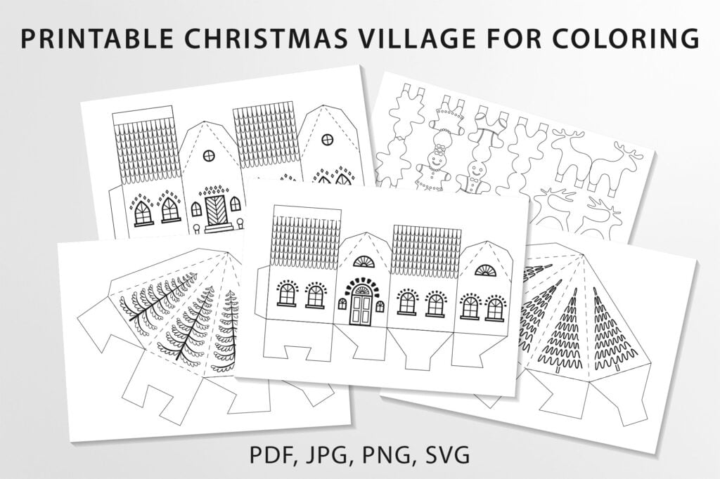 Printable Christmas Village For Coloring DIY Paper Cut SVG