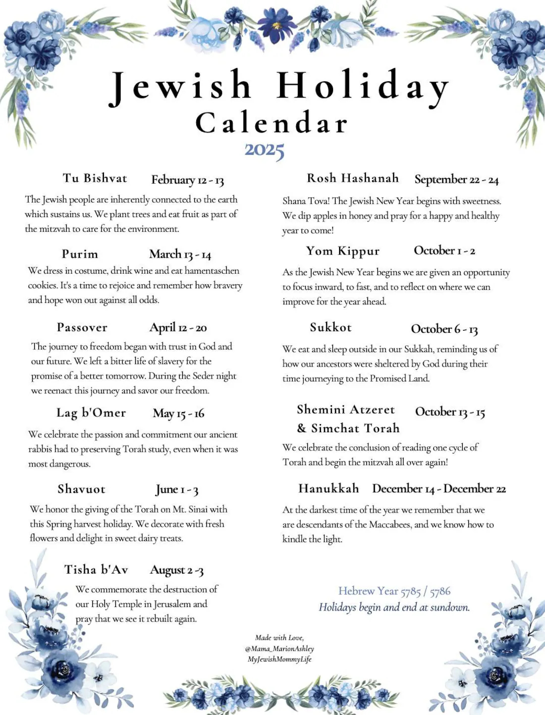 2025 NEW Jewish Holiday Calendar Hebrew Calendar 5785 5786 Hanukkah Etsy