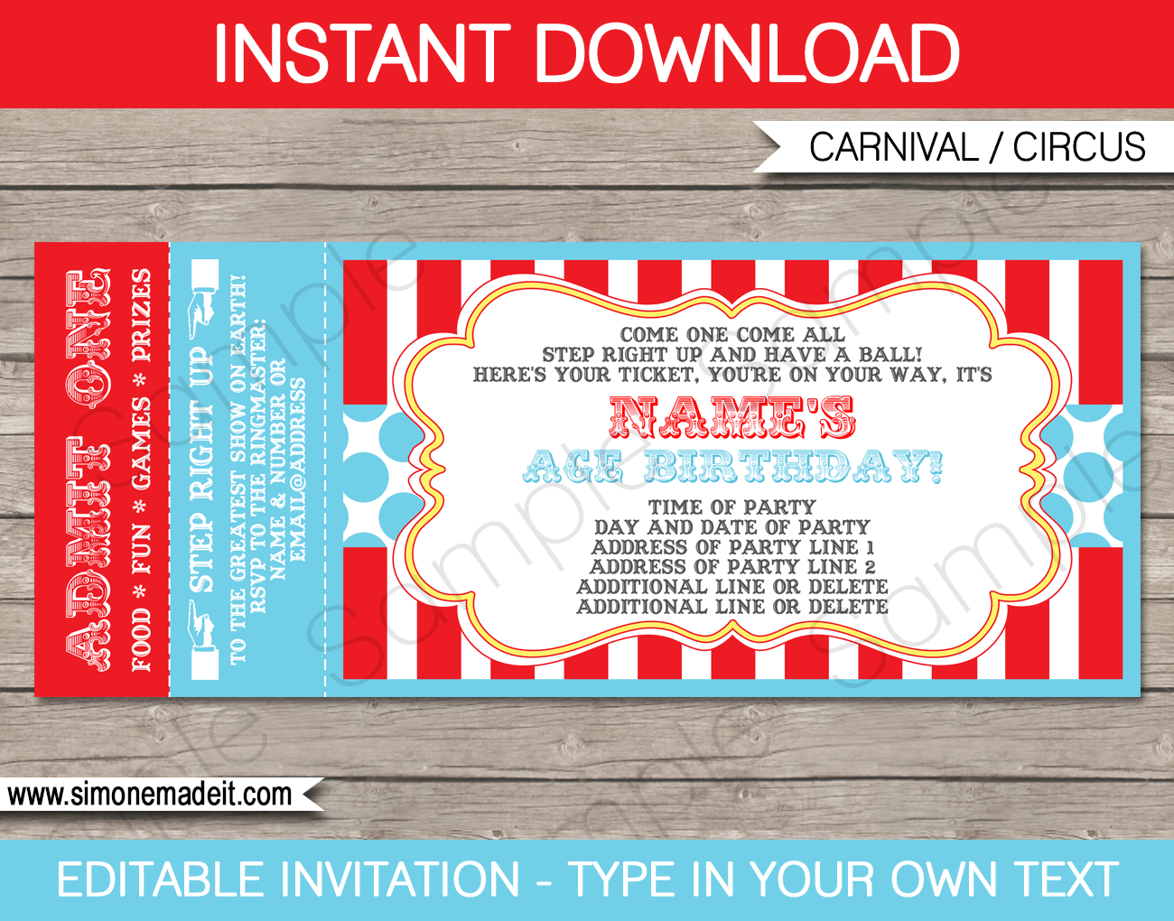 Circus Ticket Invitation Template Printable Birthday Party Invite Circus Ticket Invitation Template Printable Birthday Party Invite