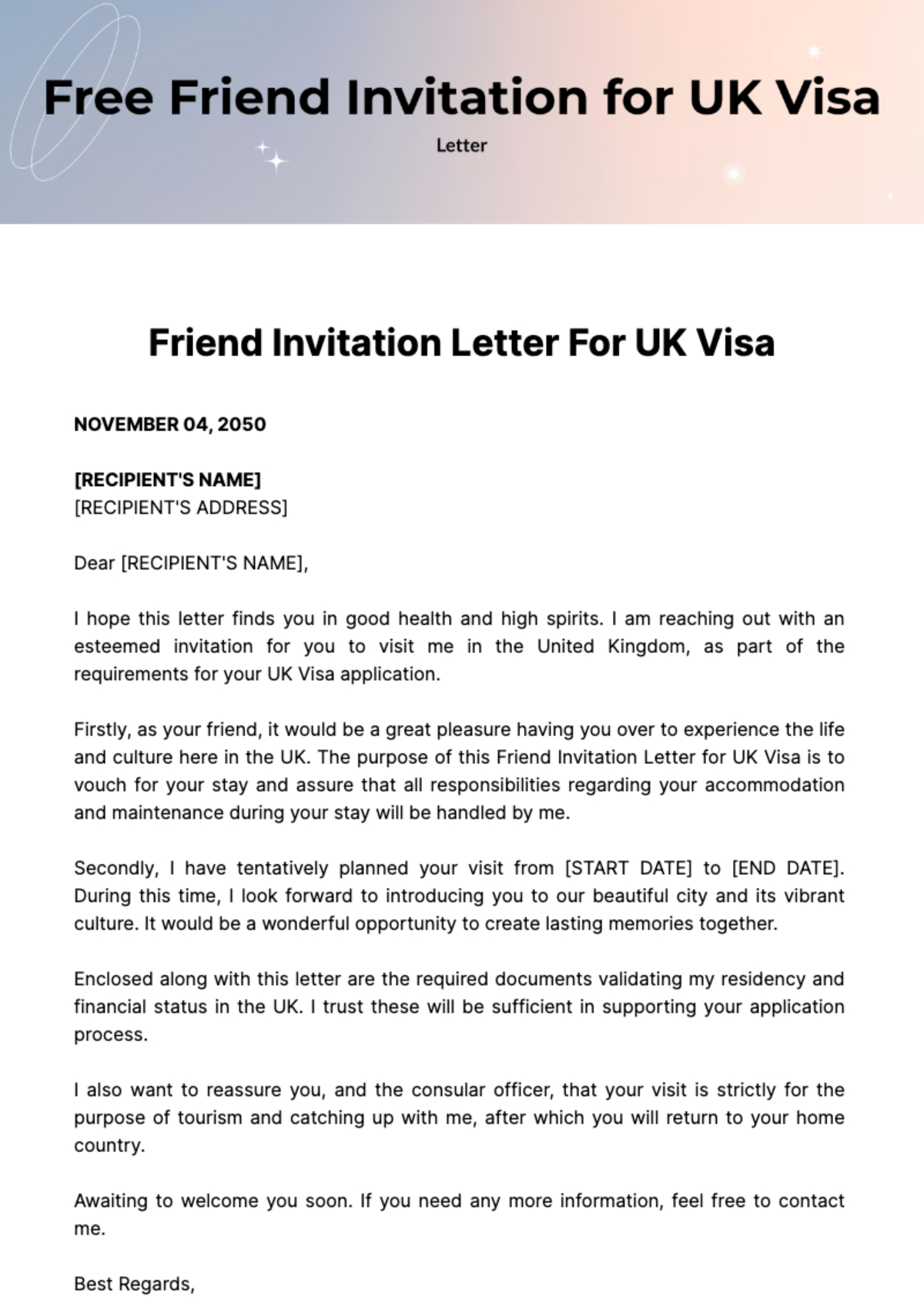 Free Friend Invitation Letter For UK Visa Template To Edit Online