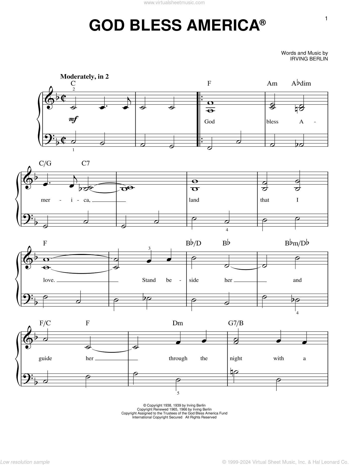 God Bless America beginner Sheet Music For Piano Solo PDF 