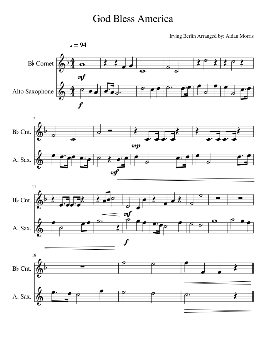 God Bless America Sheet Music For Cornet Saxophone Alto Mixed Duet MuseScore