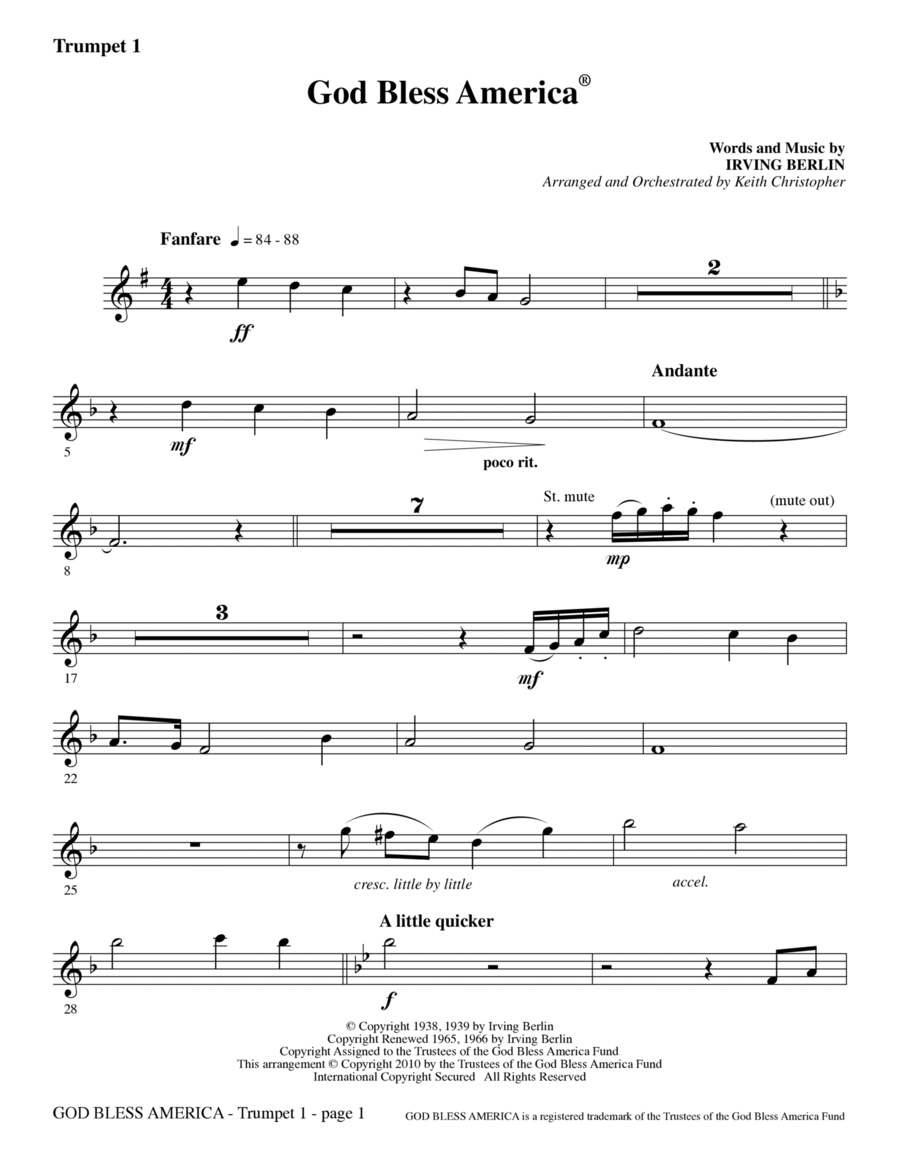God Bless America Trumpet 1 By Irving Berlin Choir Trumpet Digital Sheet Music Sheet Music Plus