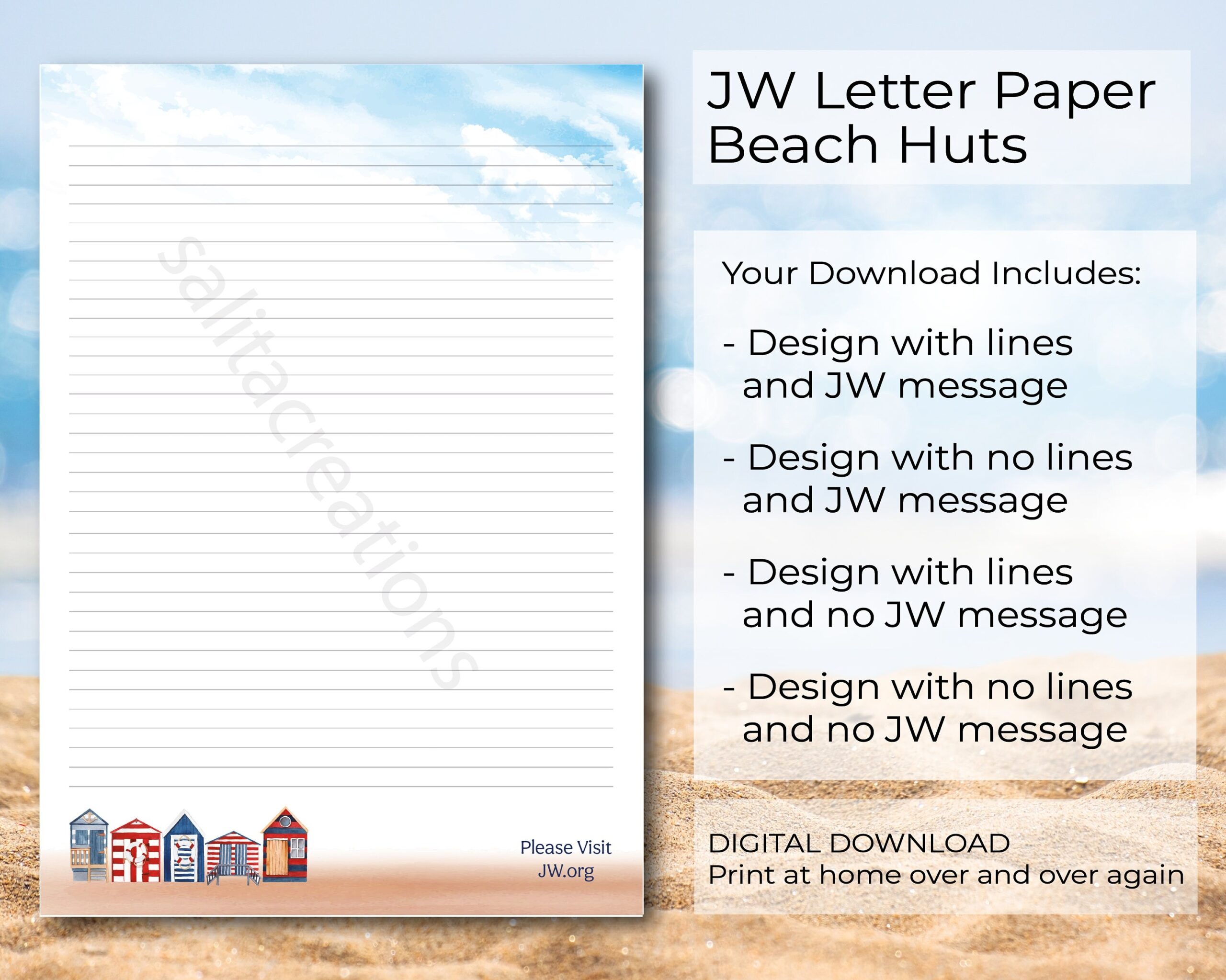 JW Letter Writing Paper Digital Download Lined Website Beach Huts Sand Sky Ocean Sea Etsy