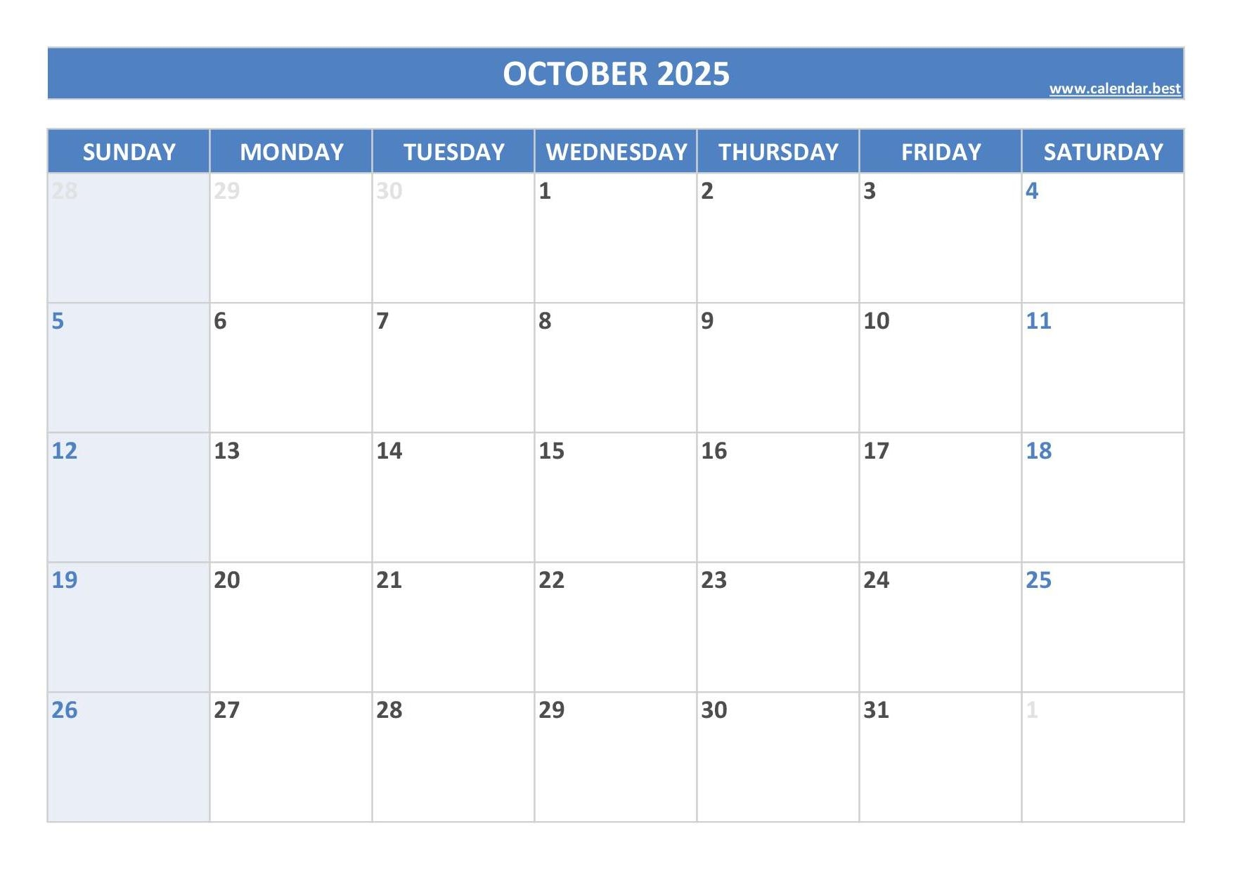 October 2025 Calendar Printable Pdf Free