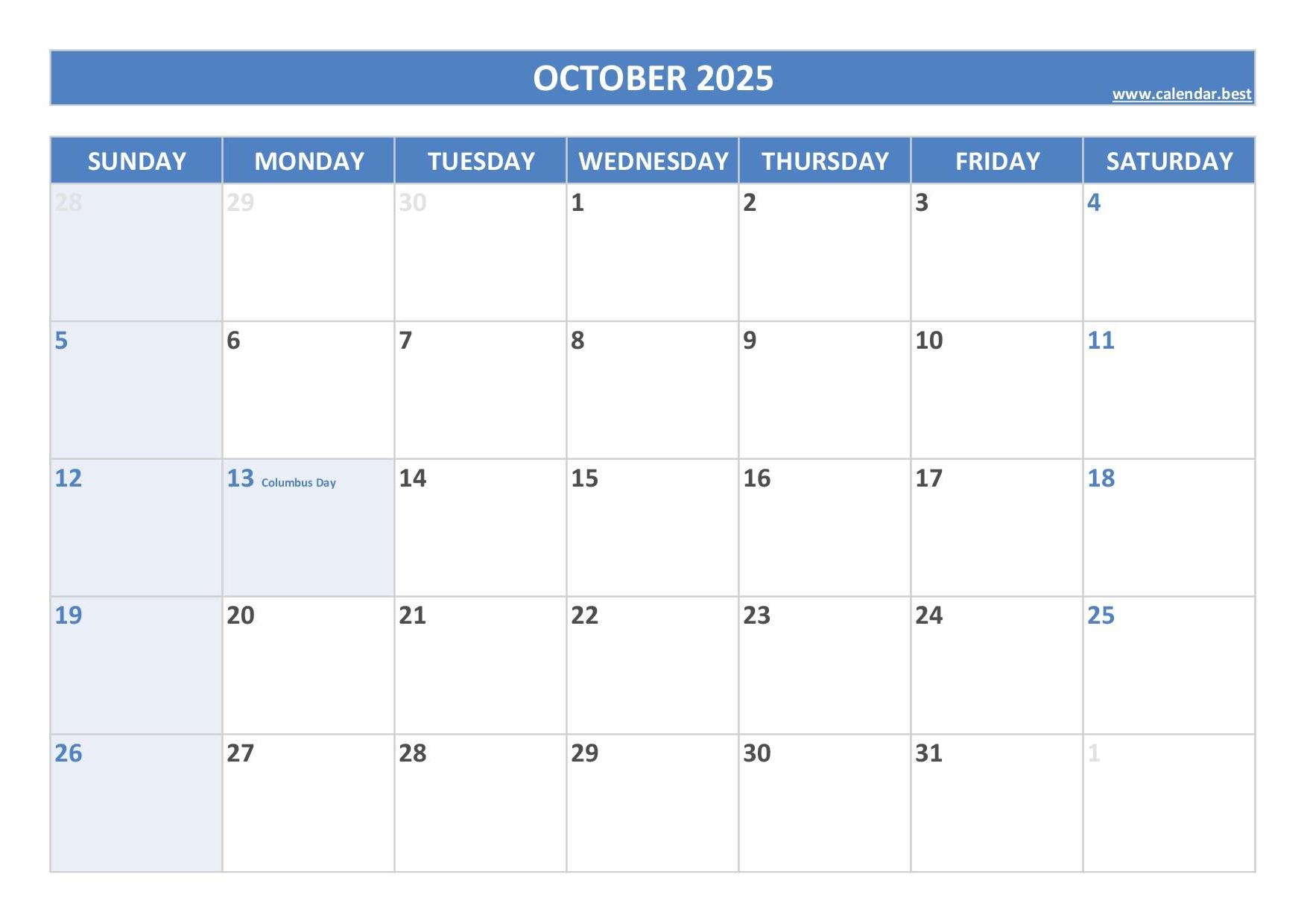 Calendar Of October 2025 With Holidays