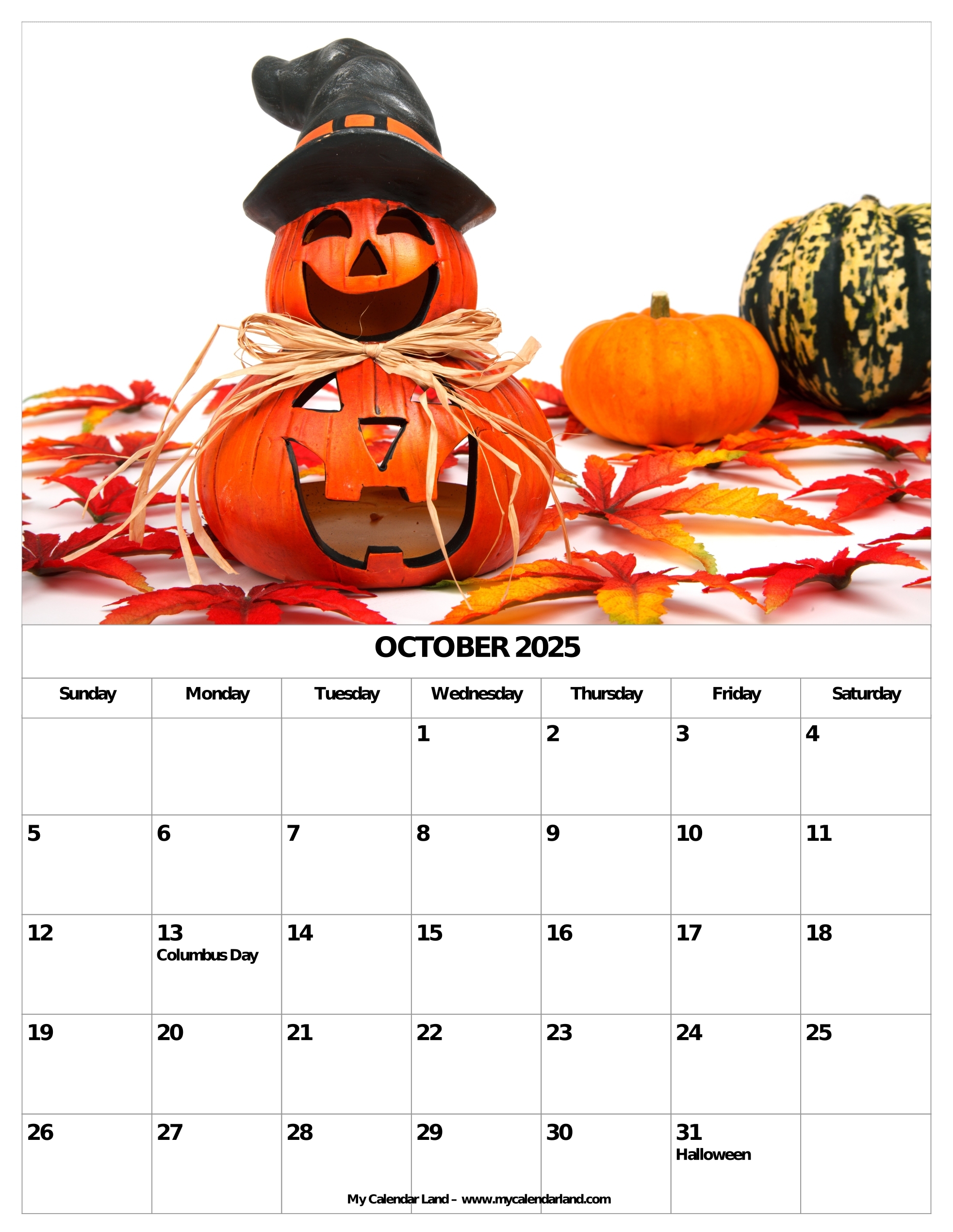 October 2025 Printable Calendar With Holidays