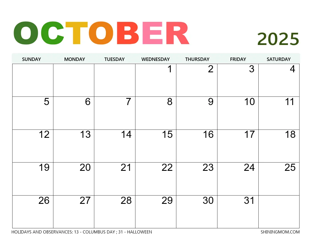 Monthly Calendar October 2025