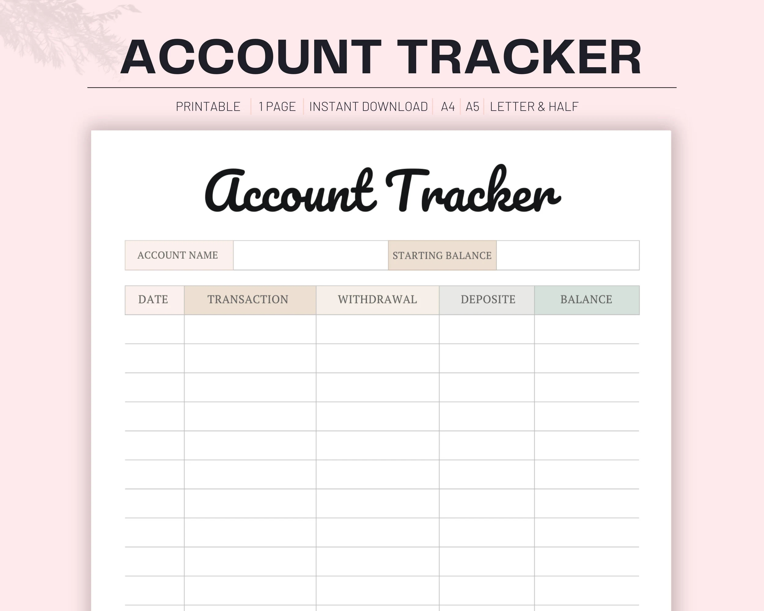 Printable Account Tracker Bank Balance Log digital PDF A4 A5 Letter Etsy