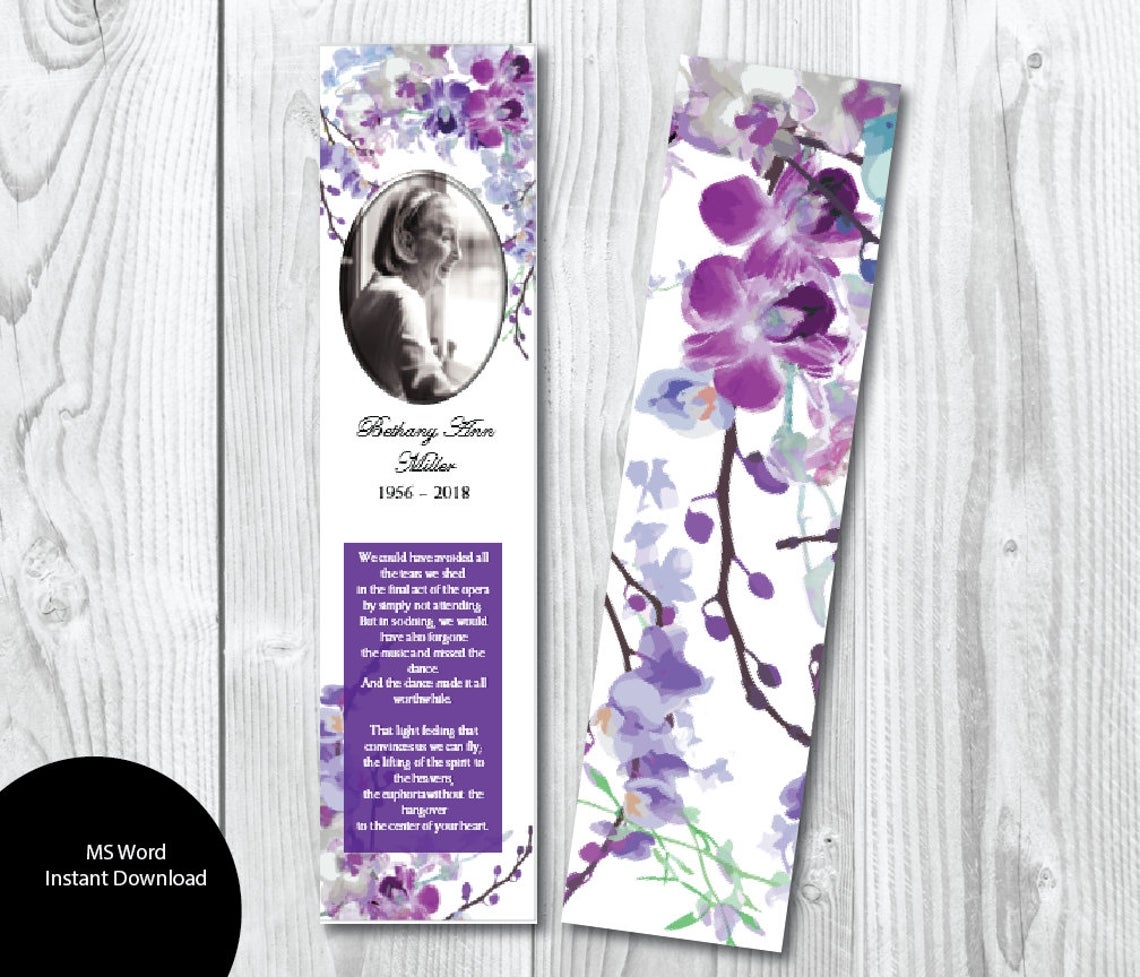 Purple Orchid Funeral Bookmark Template 2 X 8 Funeral Design Studio